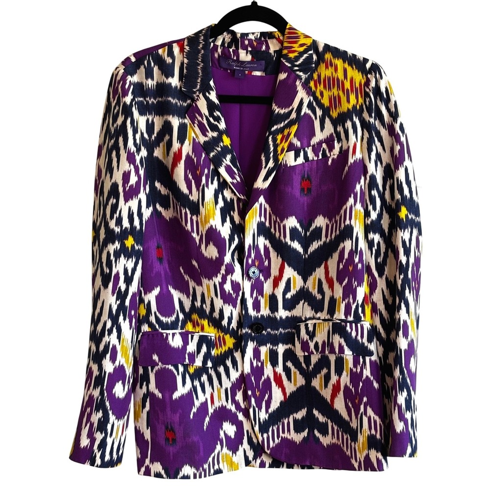 Ralph Lauren Purple Label Ikat Print Silk Blazer Jacket Women Size Purple Yellow